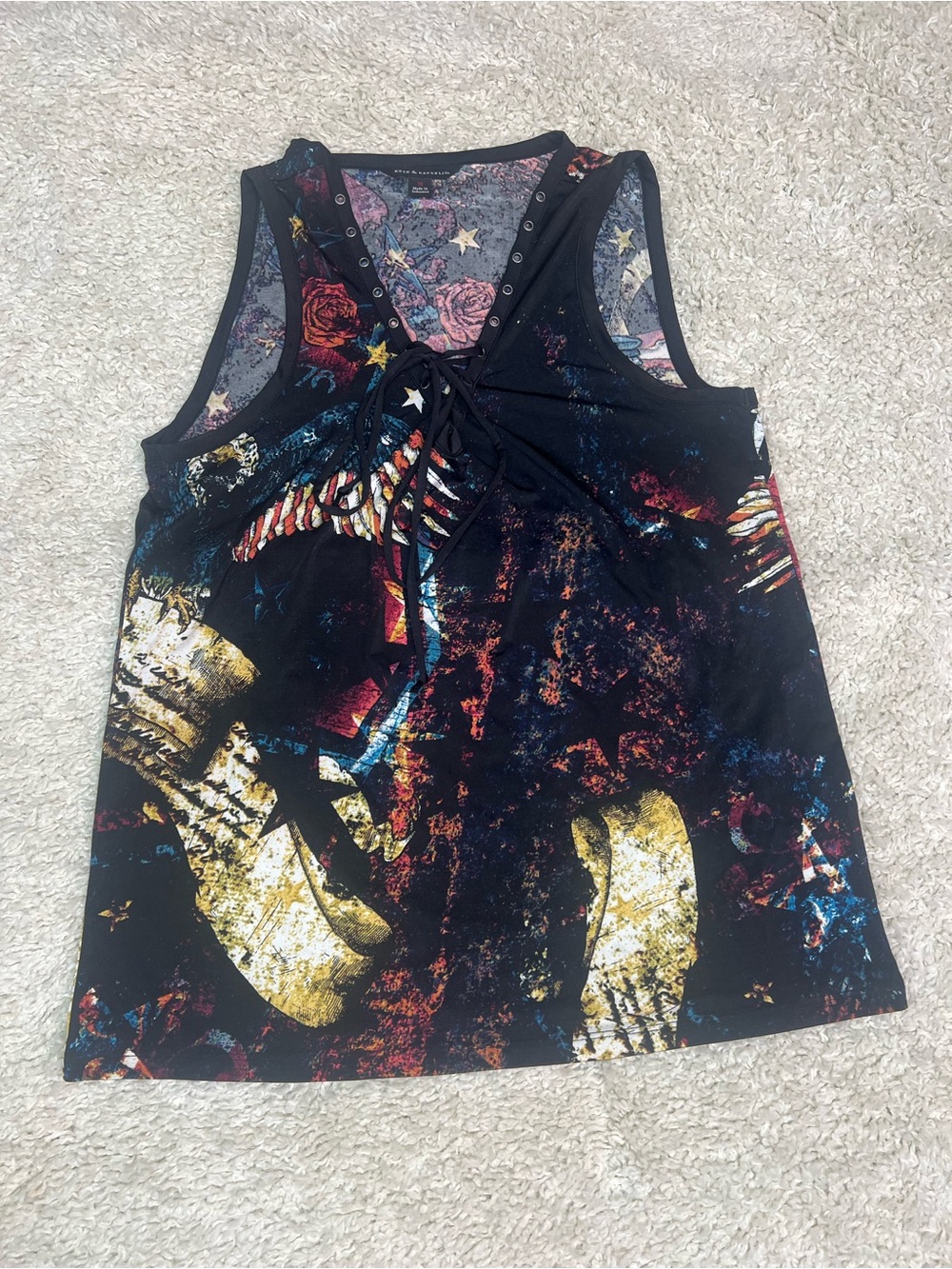 Rock & Republic Black Multi-Color Lace-Up Graphic Tank